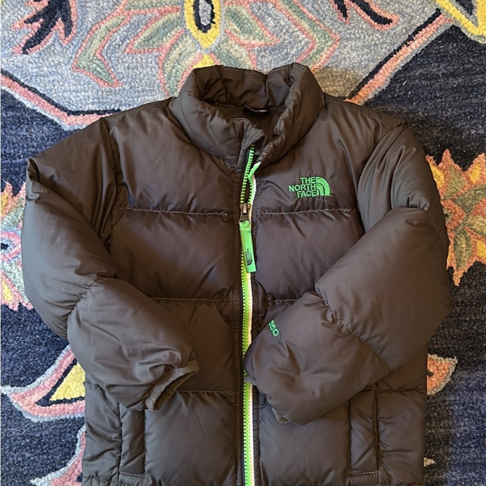 The North Face Kids Puffer Jacket in Dark Gray with Green Accents